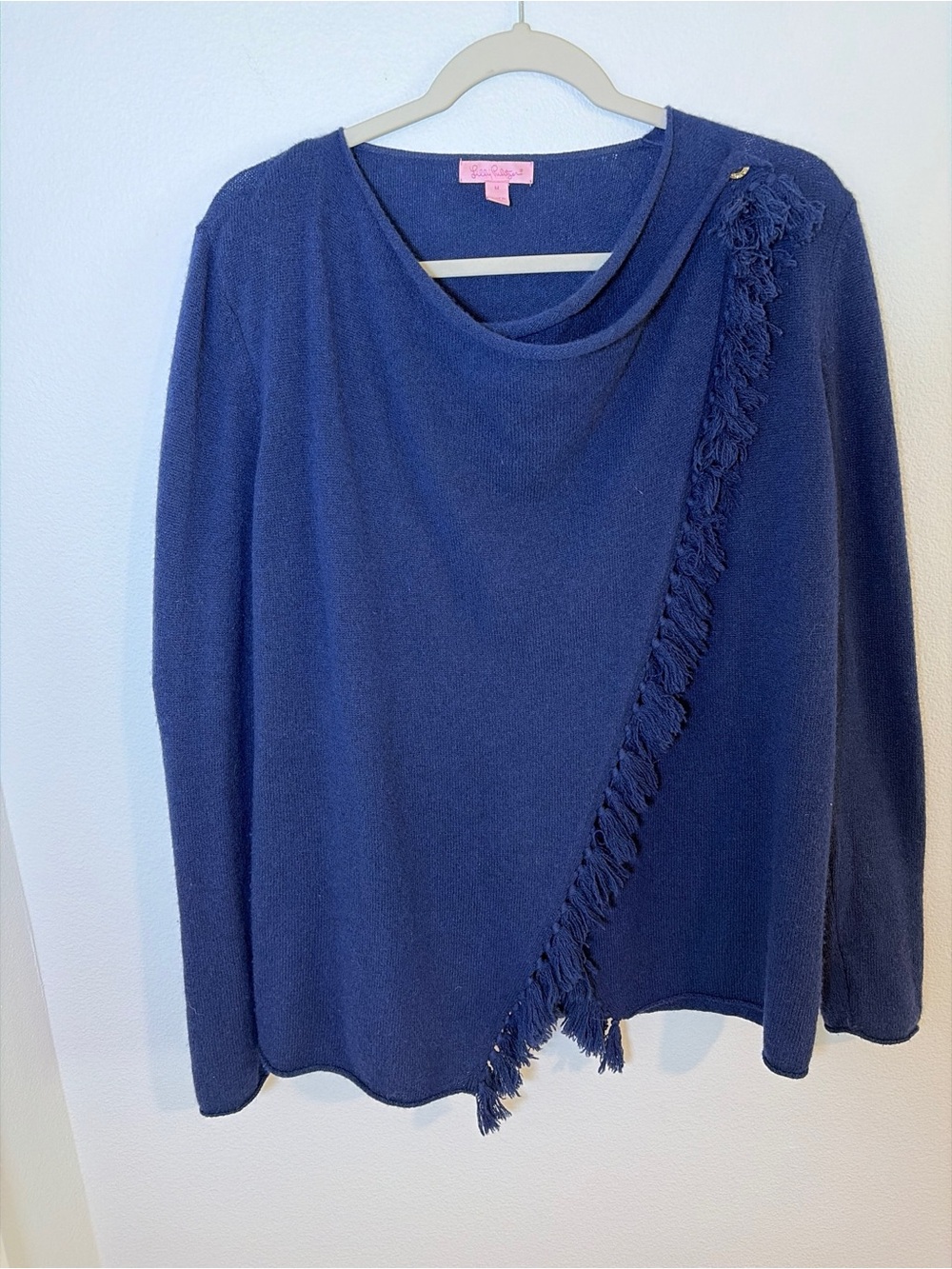 Lilly Pulitzer 100% Cashmere Fringe Asymmetrical Wrap Sweater Navy Blue Luxe M